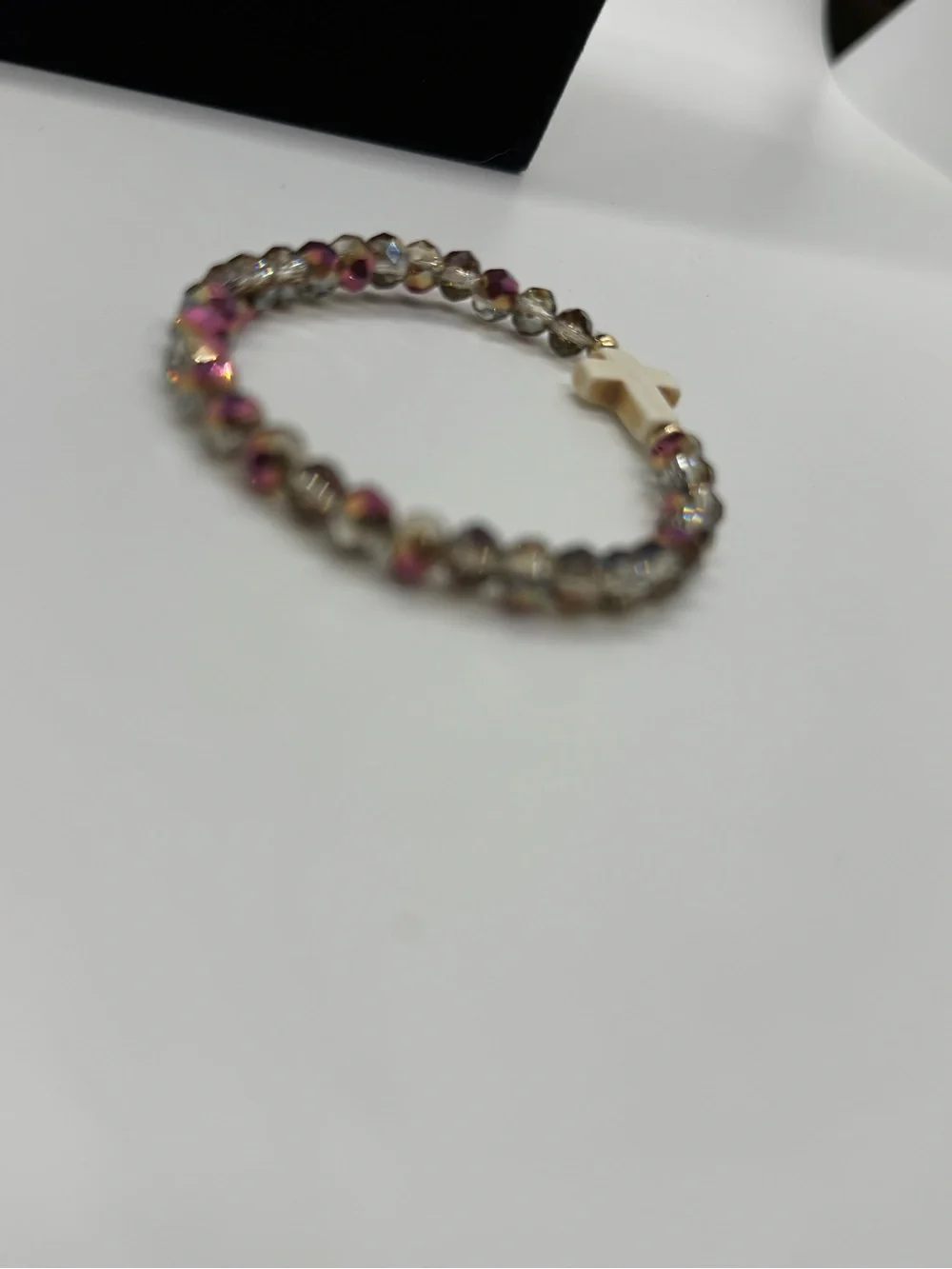 Iridescent Beaded Cross Stretch Bracelet - White Cross